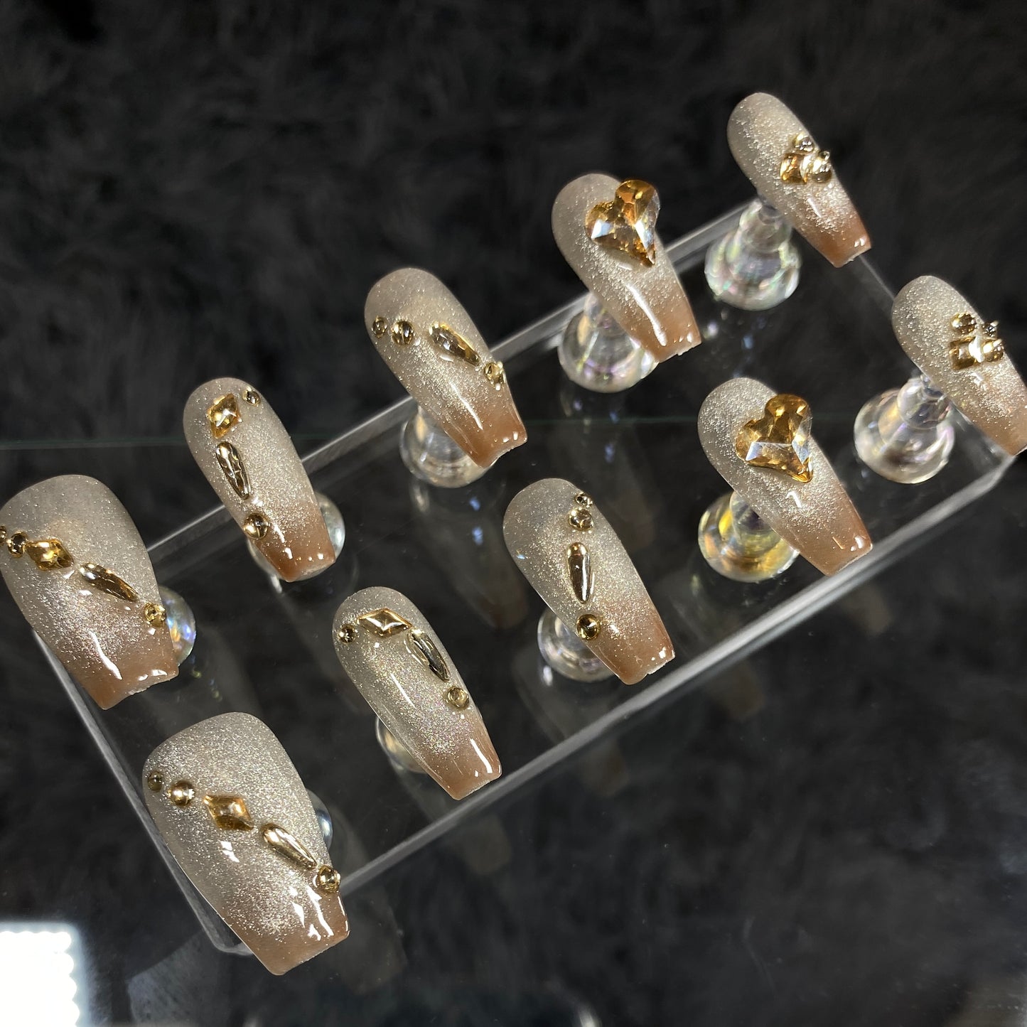Coffee Sparkle French tip handmade press on nail #C044
