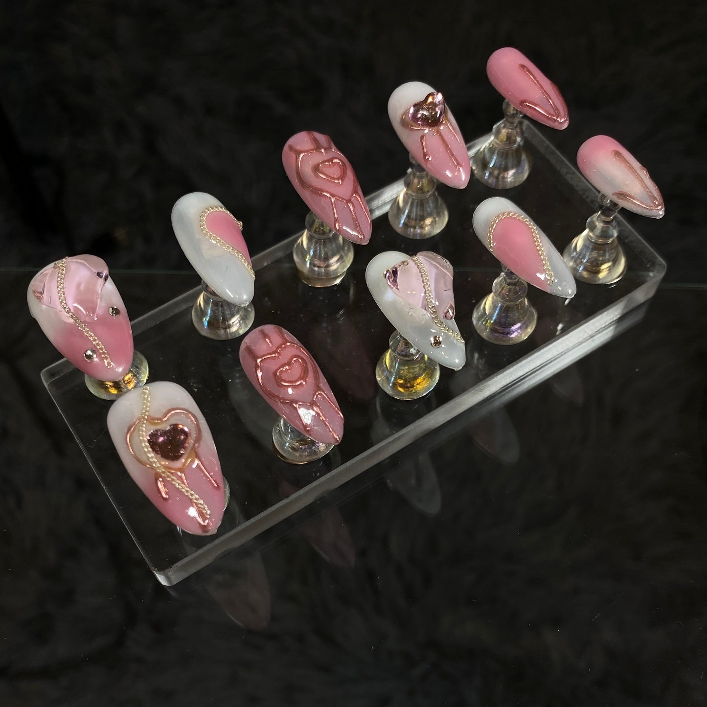 Pink Heart Almond handmade press on nail C048