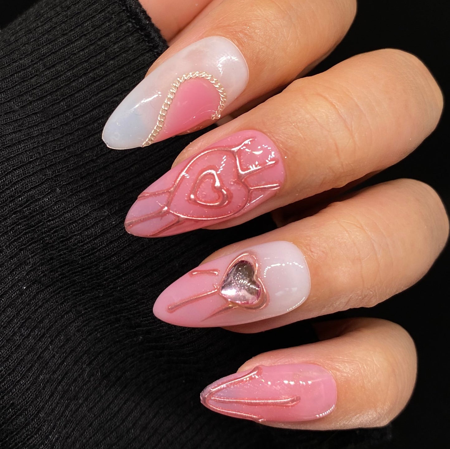 Pink Heart Almond handmade press on nail C048