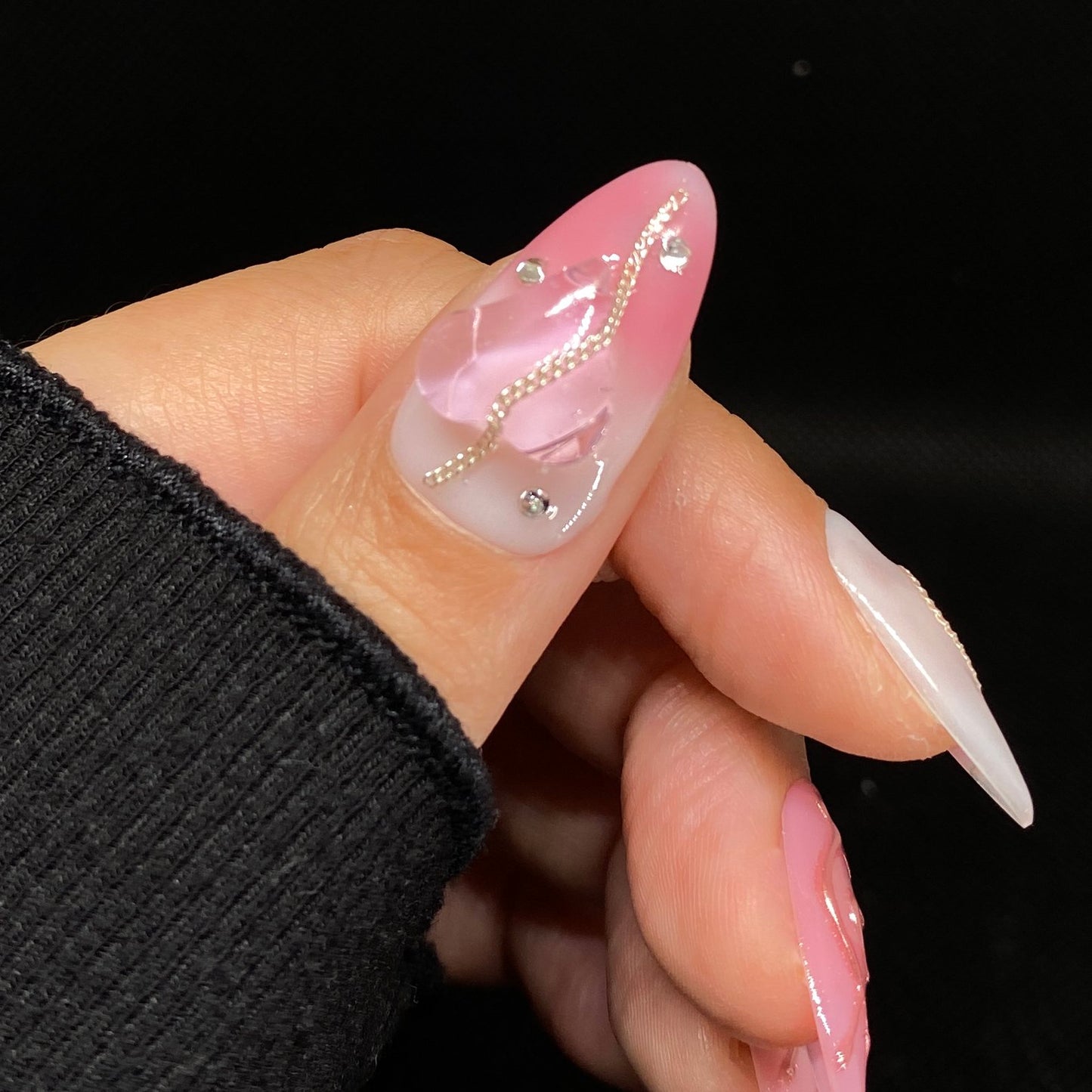 Pink Heart Almond handmade press on nail C048